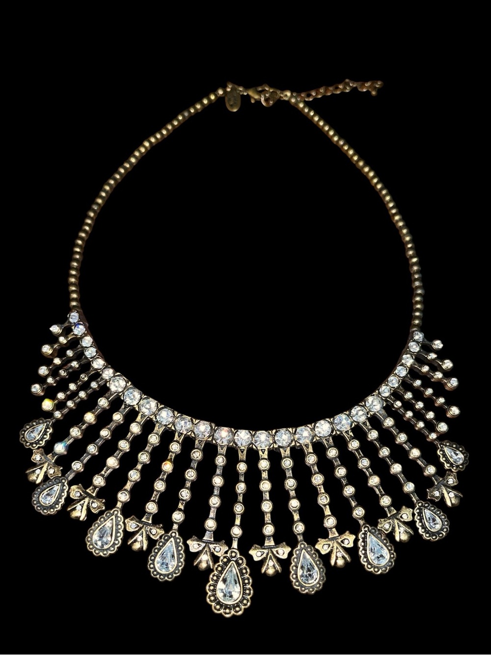 Cookie Lee - Vtg crystal rhinestone fringe bib statement necklace bronze tone
